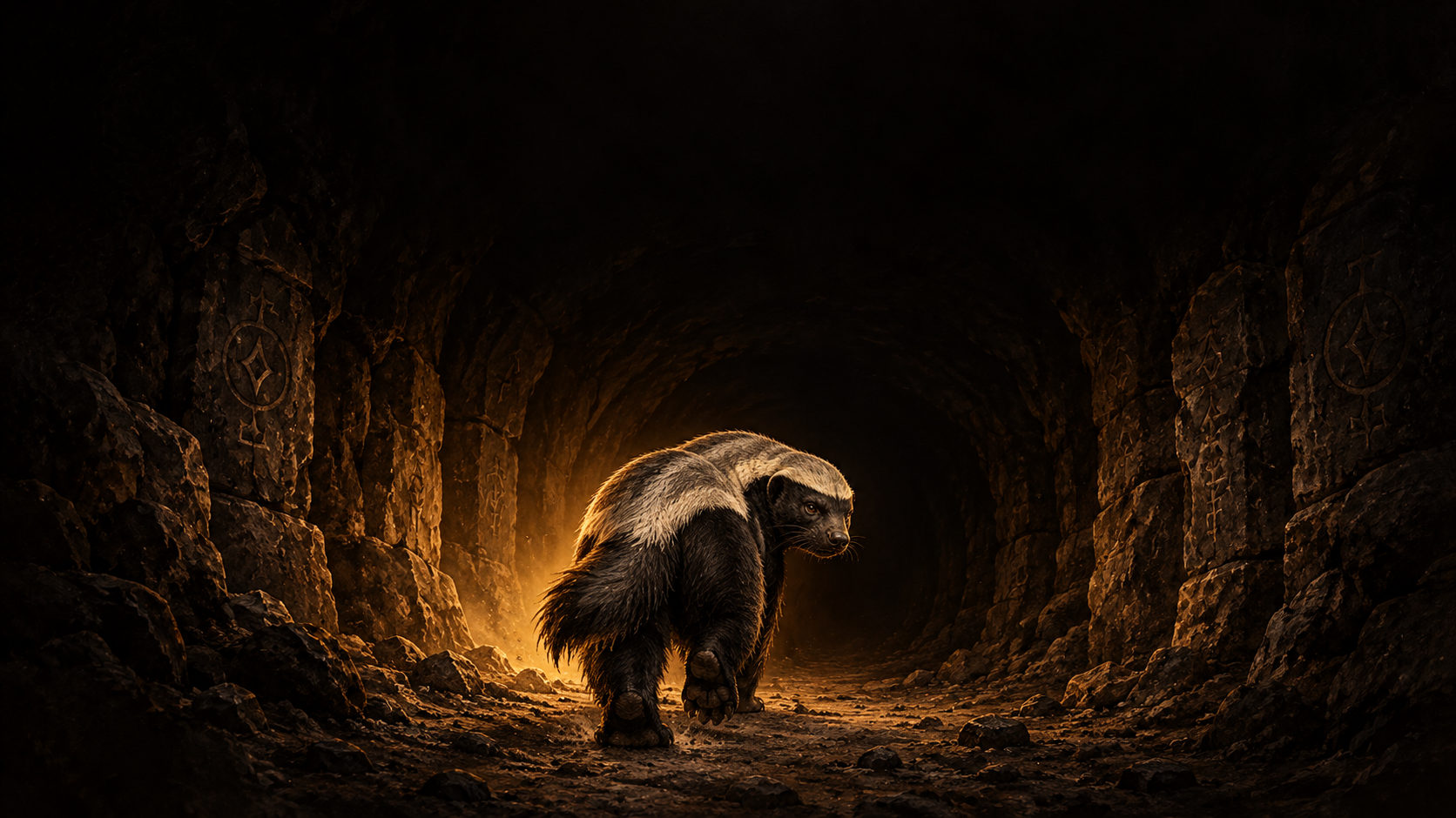 The ratel disappearing into an ancient tunnel