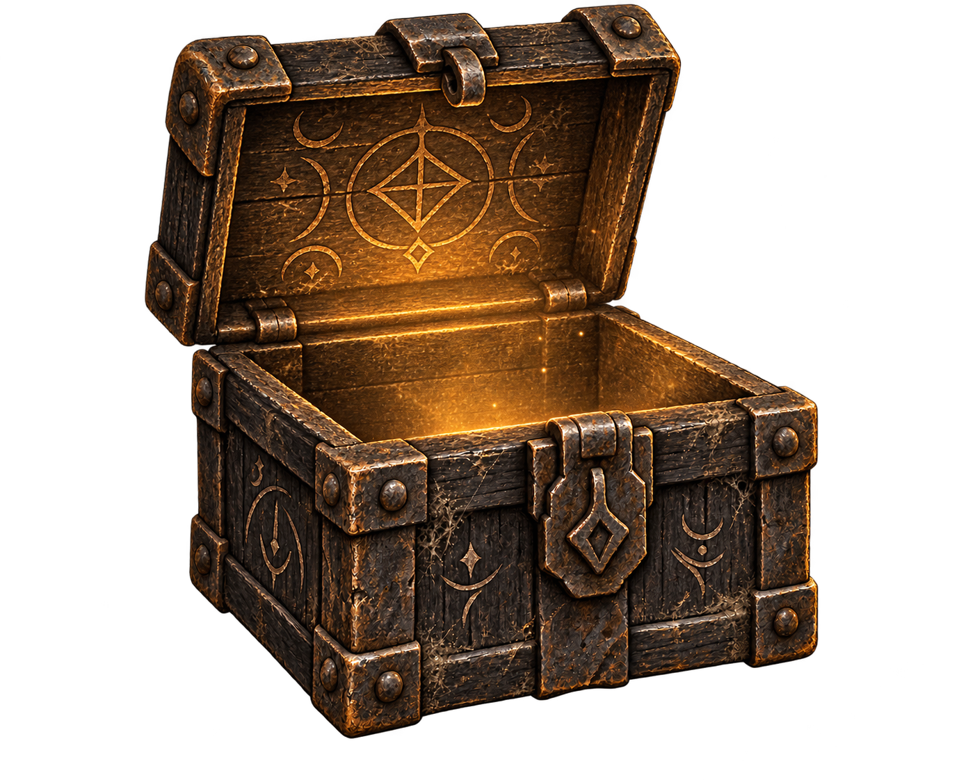 An opened mystery chest glowing from within